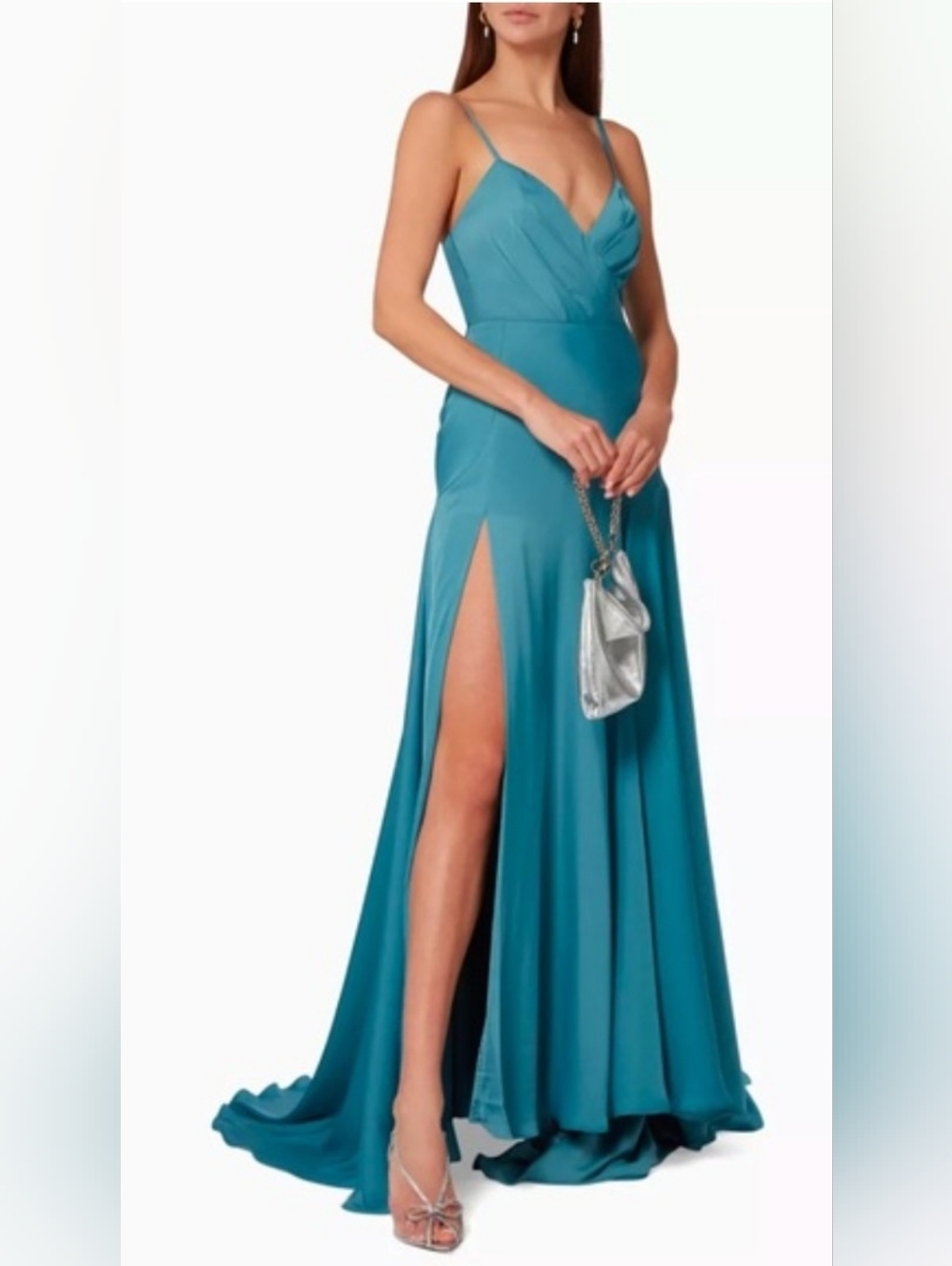 Farm & Partners Teal Spaghetti-Strap Evening Gown with High Slit Size6 NEW